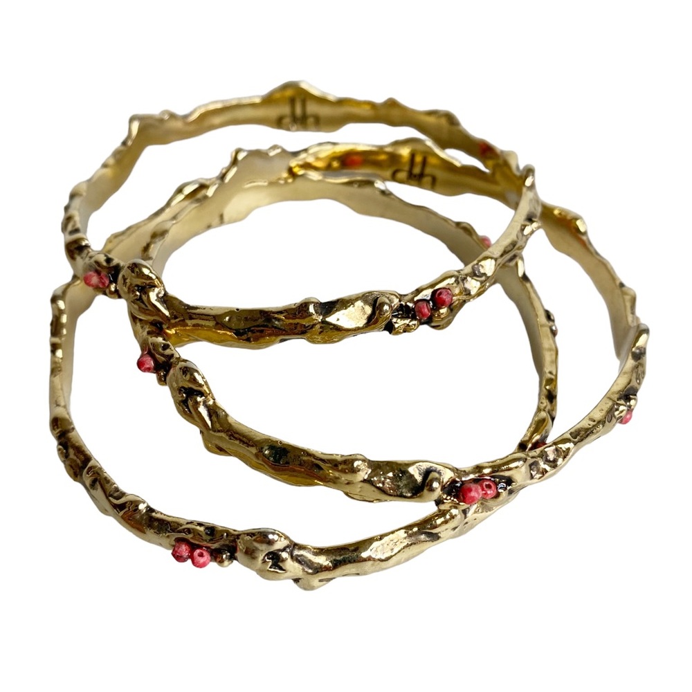Double Happiness Alchemy bangle bracelet trio gold plated with red stones 2.5”